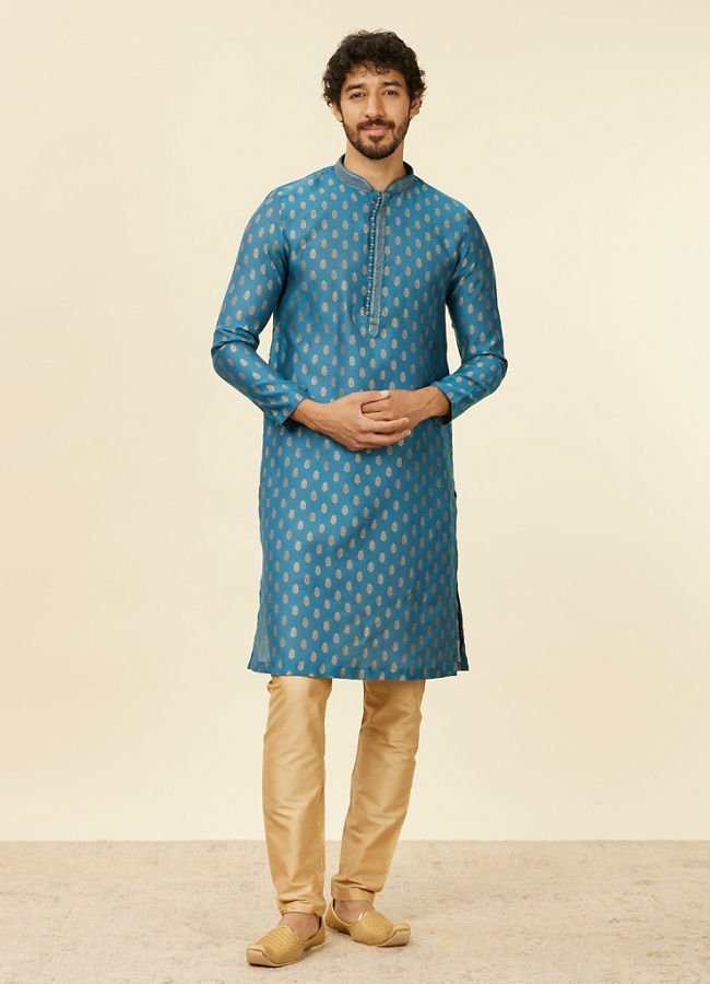 alt message - Manyavar Men Teal Blue Buta Patterned Kurta Set image number 2